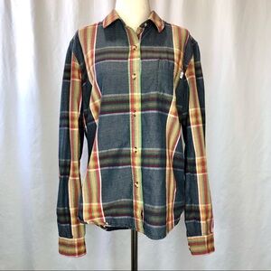 Obey woven cotton plaid button down shirt grey blue orange red green size M